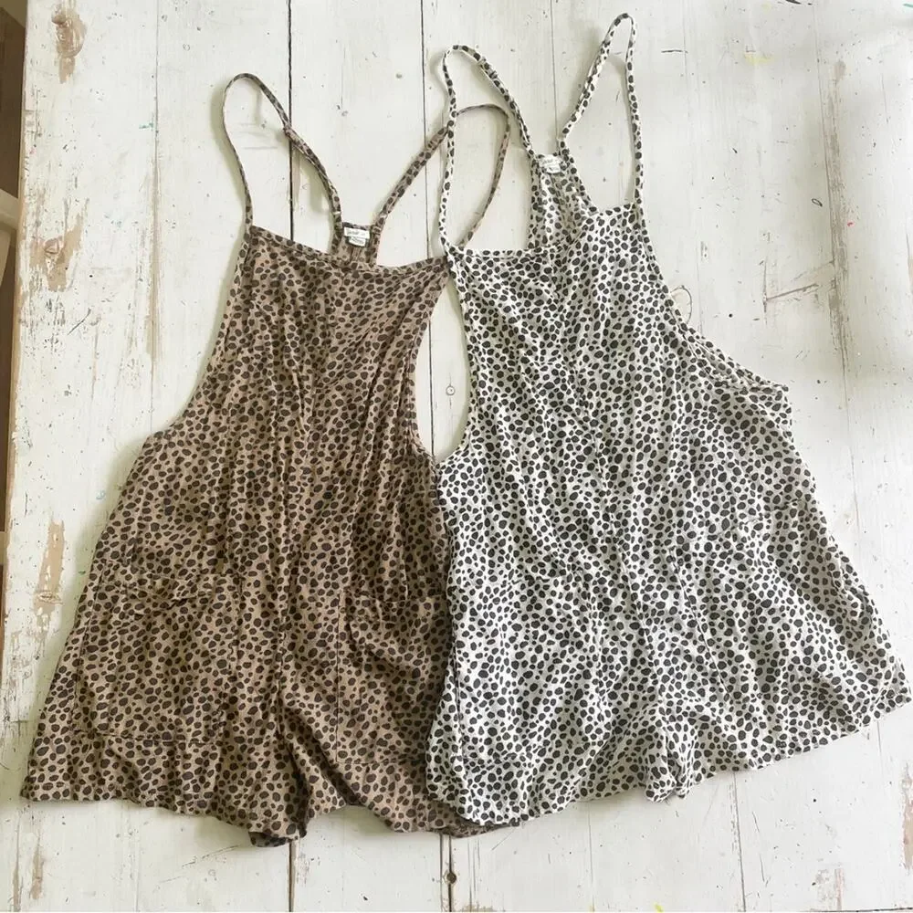Aerie Bundle Two Pairs Leopard Romper Shortalls Brown and White S - Picture 6 of 9